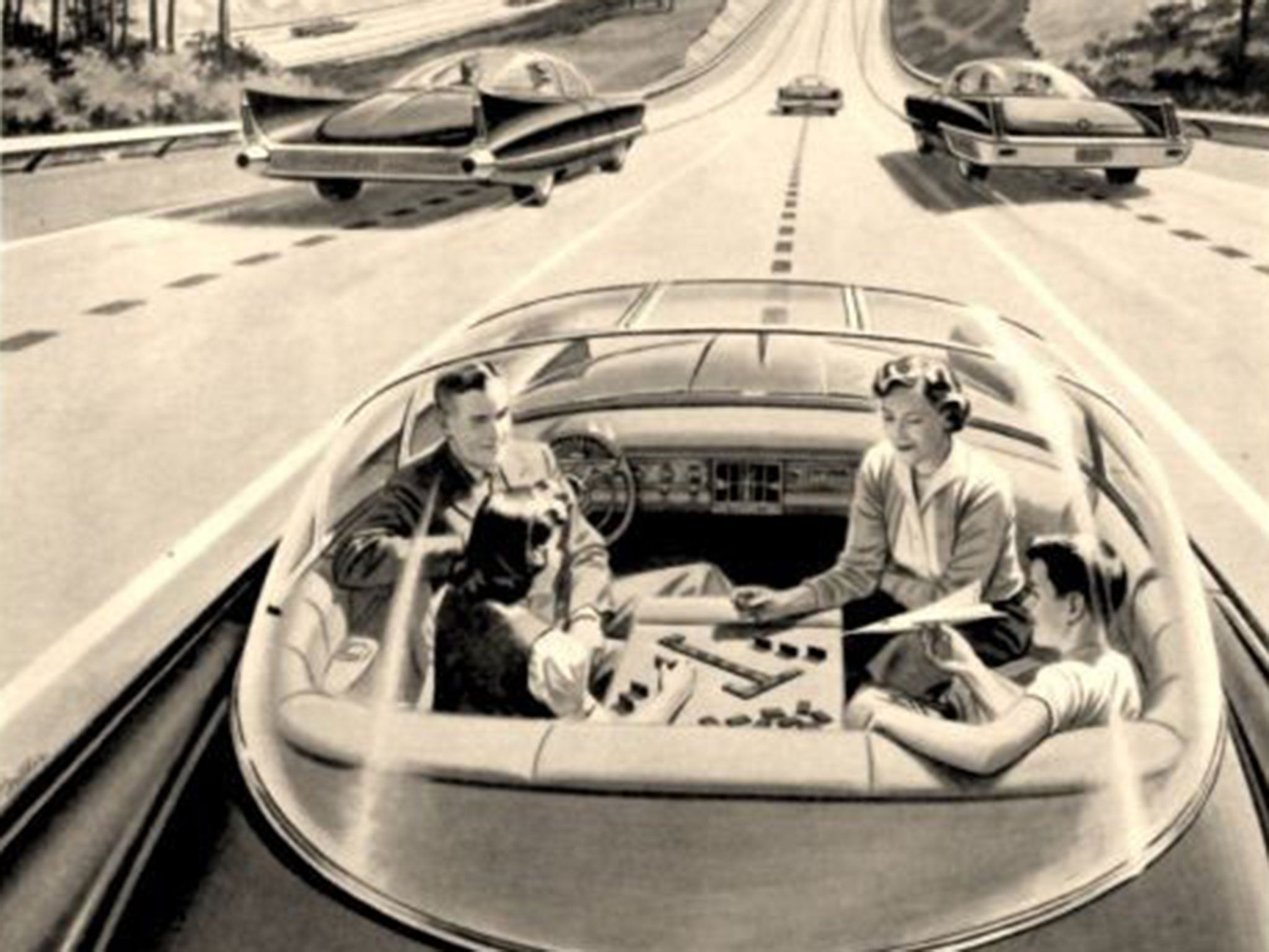 Brave new world: A 1957 vision of the family of the future playing games as the car drIves itself