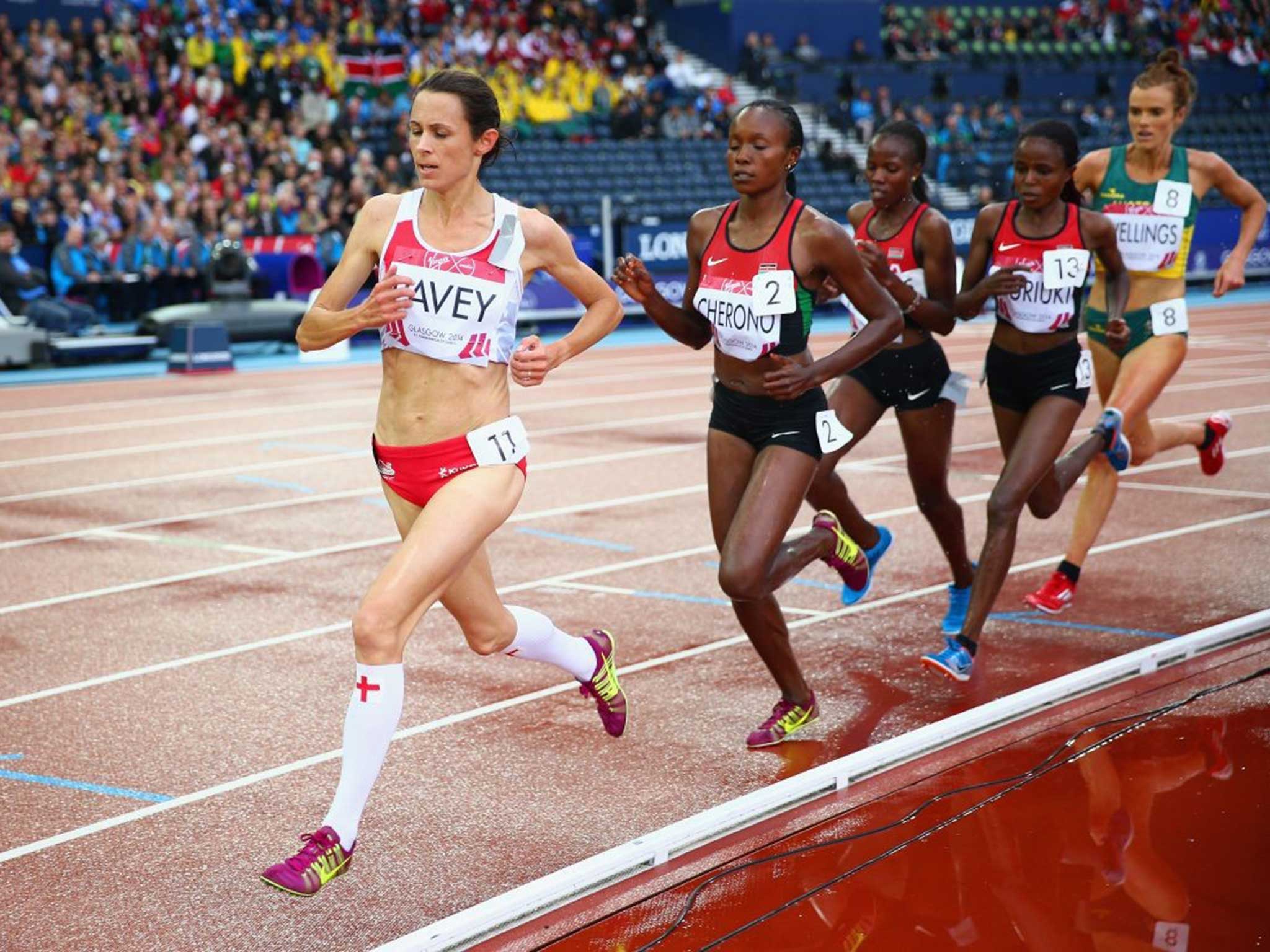 Leading lady: Jo Pavey sets the pace in the 5,000m before being overtaken by the Kenyans with 600 metres to go