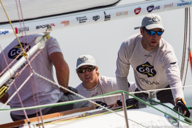 Ian Williams (centre) on his way to a GAC Pindar victory on the Alpari World Match Racing Tour in Poland