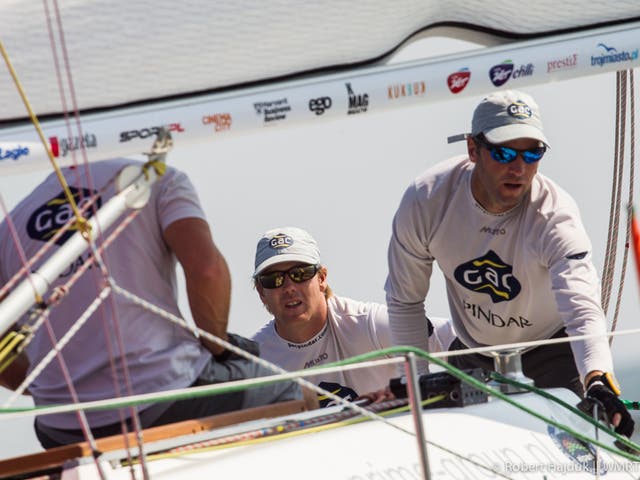 Ian Williams (centre) on his way to a GAC Pindar victory on the Alpari World Match Racing Tour in Poland