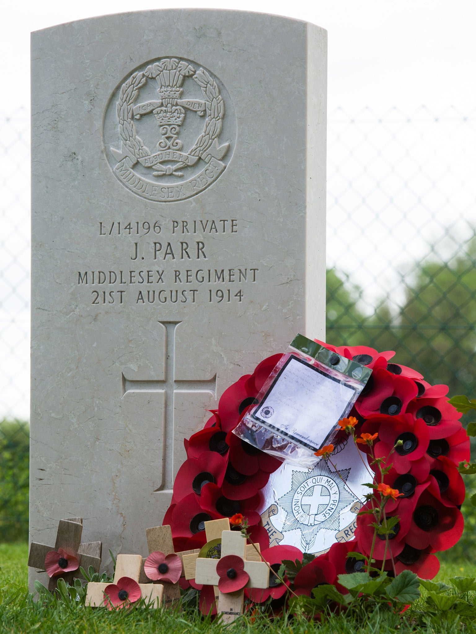 The grave in Saint Symphorien cemetery of Private John Parr, the first British soldier to be killed in action on the Western Front