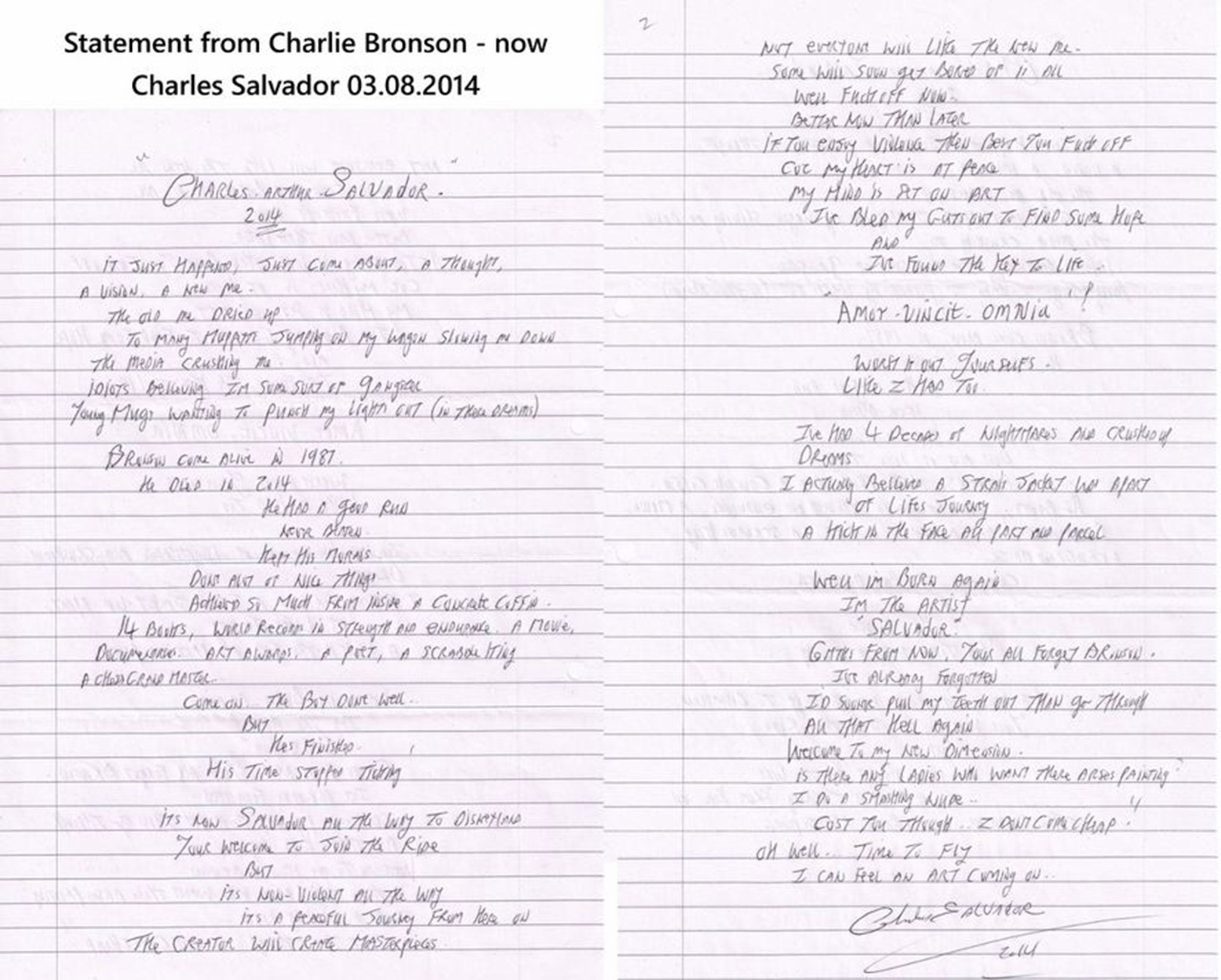 Bronson's hand-written letter announcing his name change, published on the Charlie Bronson Appeal Fund website