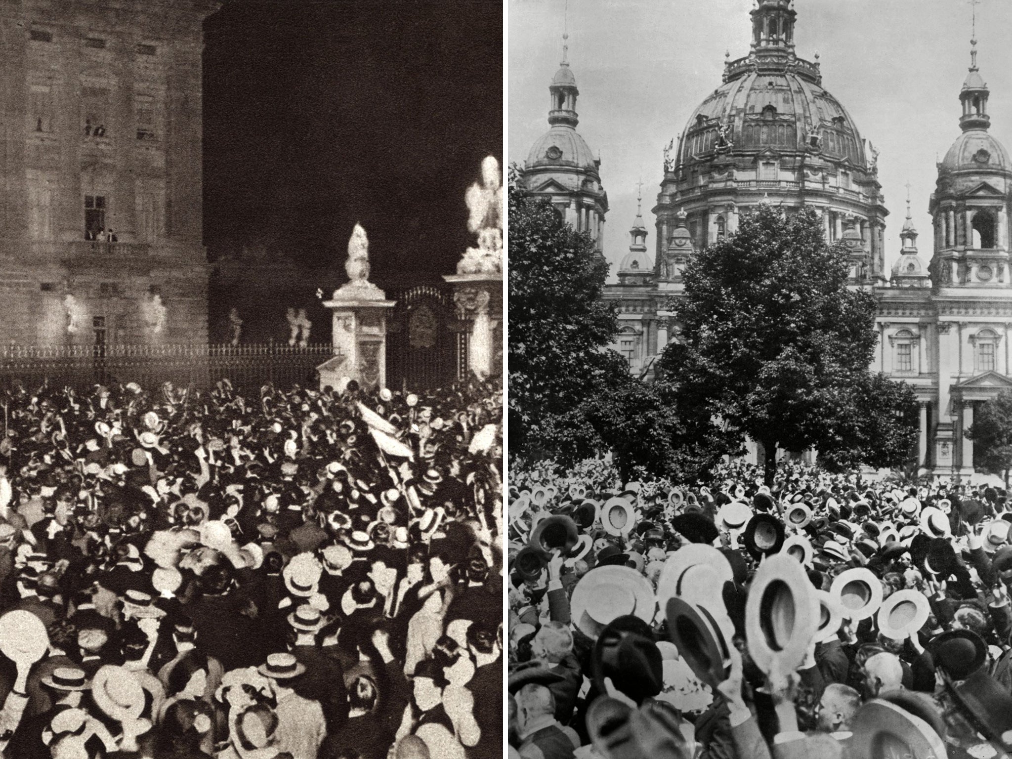 These images show the crowds outside Buckingham Palace and Berlin Cathedral in August 1914 as war was declared