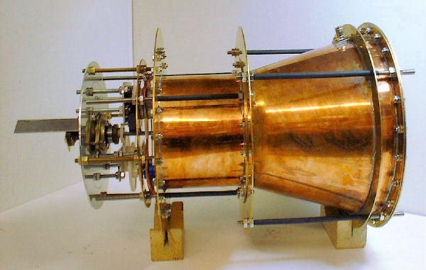 A model of the EmDrive - the shape of the engine (including numerous interior wells and channels) are intended to create directional thrust from microwaves.