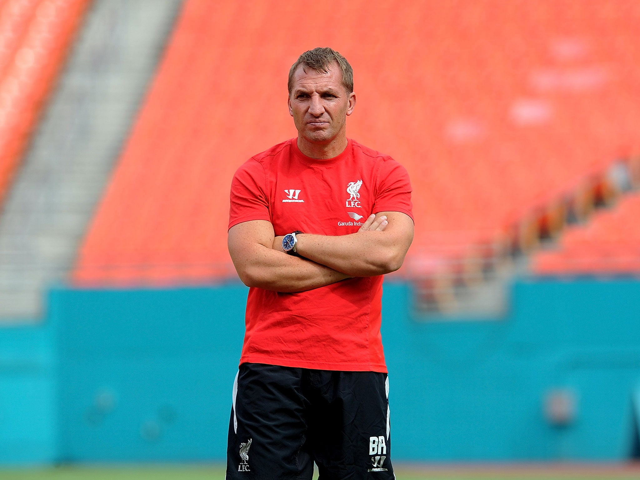 Brendan Rodgers watches training during Liverpool's tour of the United States