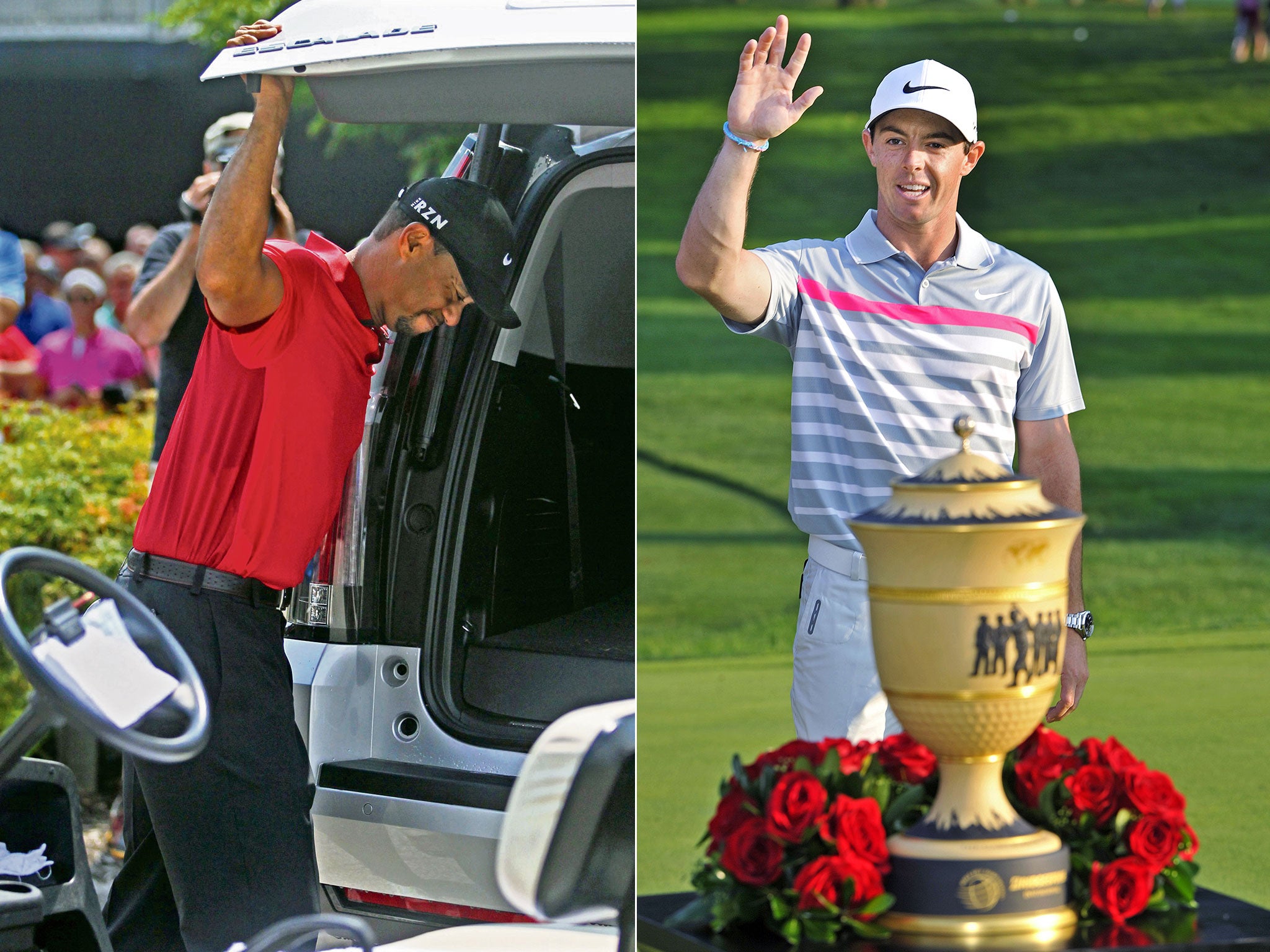 Tiger Woods (left) holds on to the tailgate of his car in pain after withdrawing from the Bridgestone while (right) Rory McIlroy waves to his fans following his victory