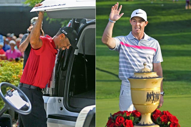 Tiger Woods (left) holds on to the tailgate of his car in pain after withdrawing from the Bridgestone while (right) Rory McIlroy waves to his fans following his victory