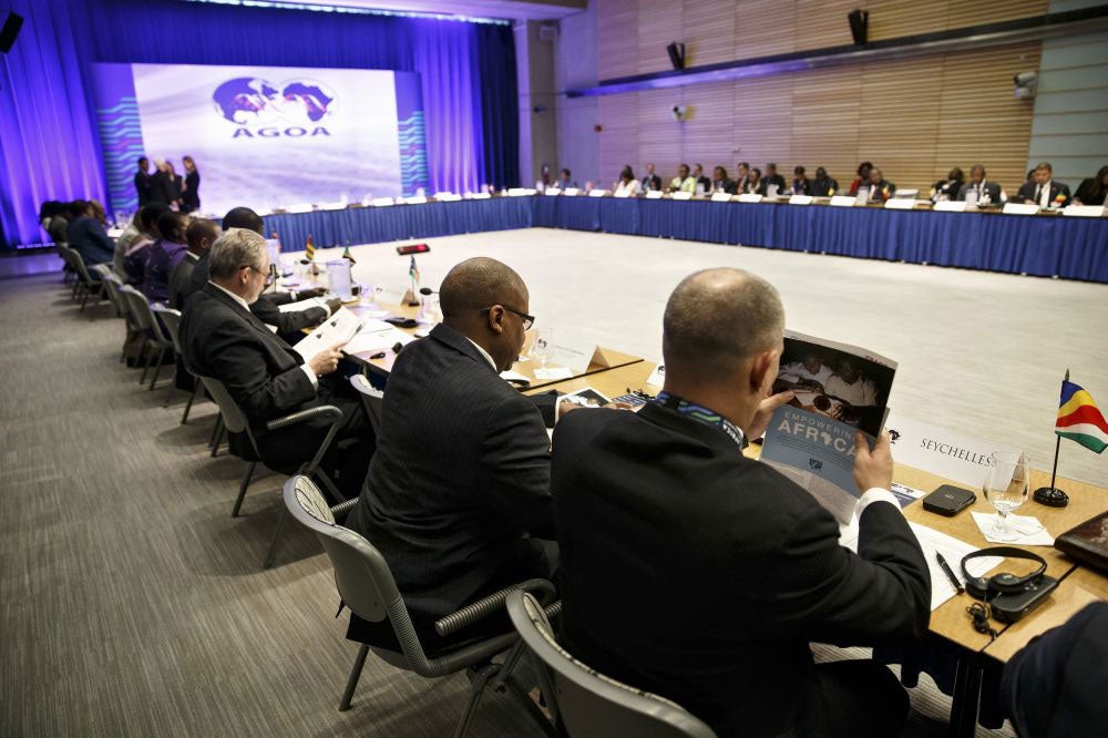 Delegates to the African Growth and Opportunity Act Forum gather for a meeting at the World Bank in Washington