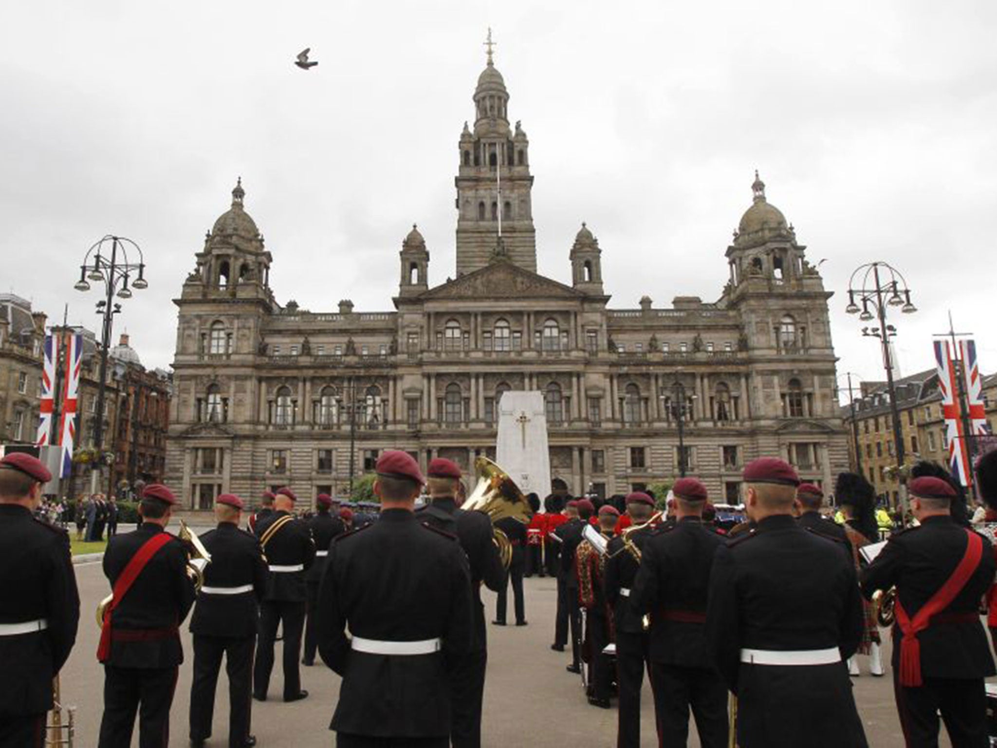 The band of the Parachute Regiment preparing to play in George Square