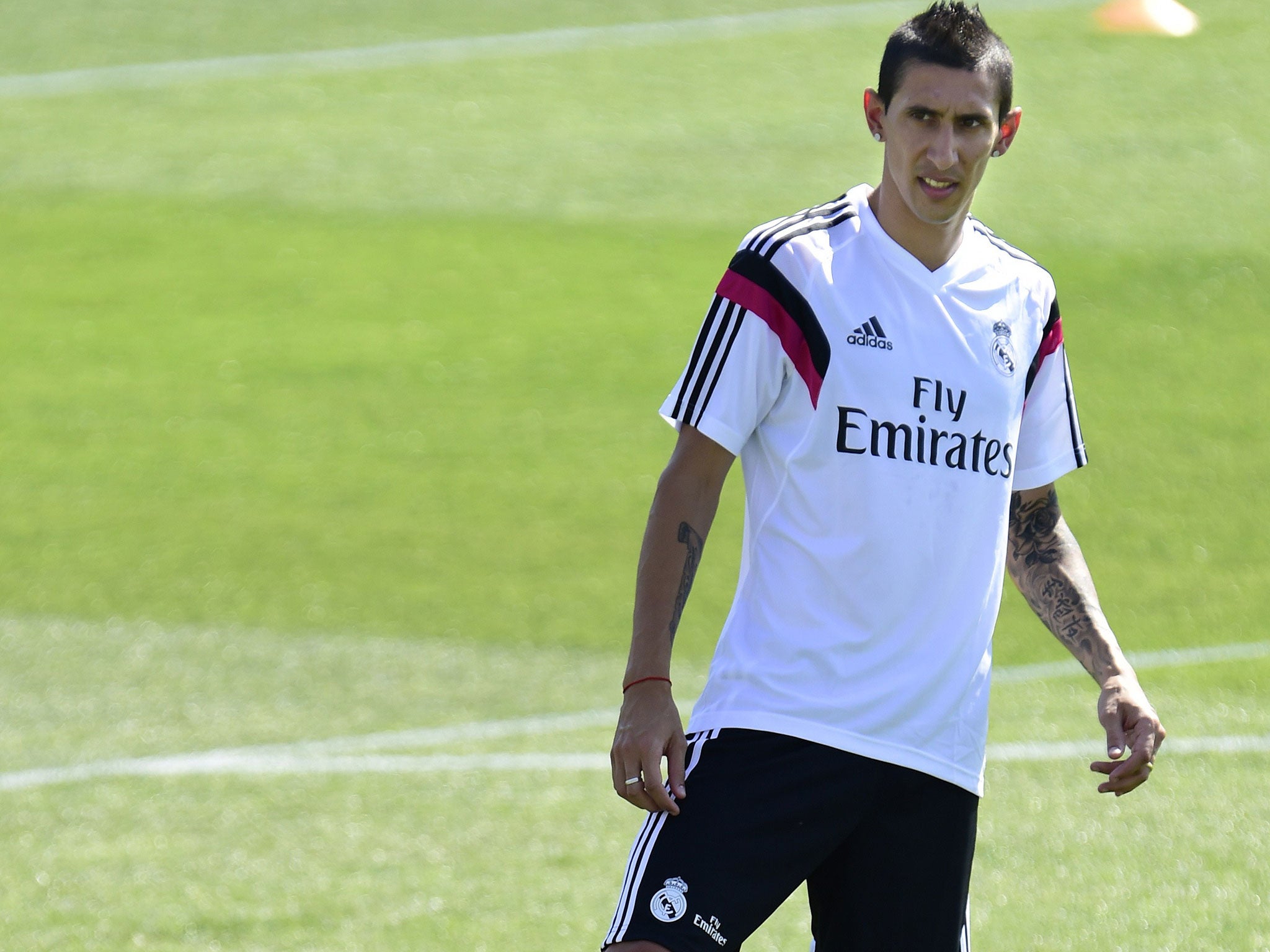 Angel di Maria pictured during training with Real Madrid today