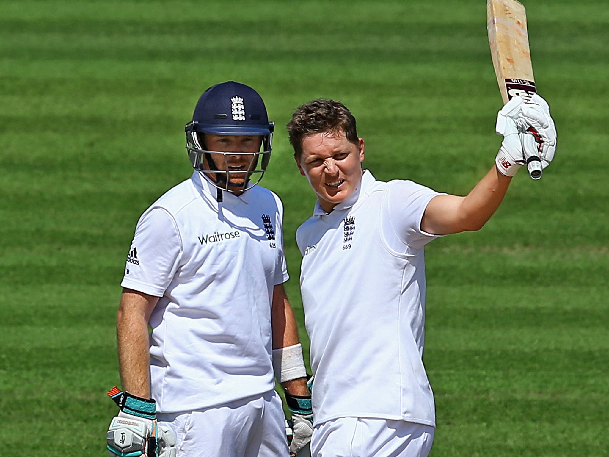 Gary Ballance (right) reaches 150 at Southampton with Ian Bell, who was given the No 4 berth in order to keep the young batsmen apart
