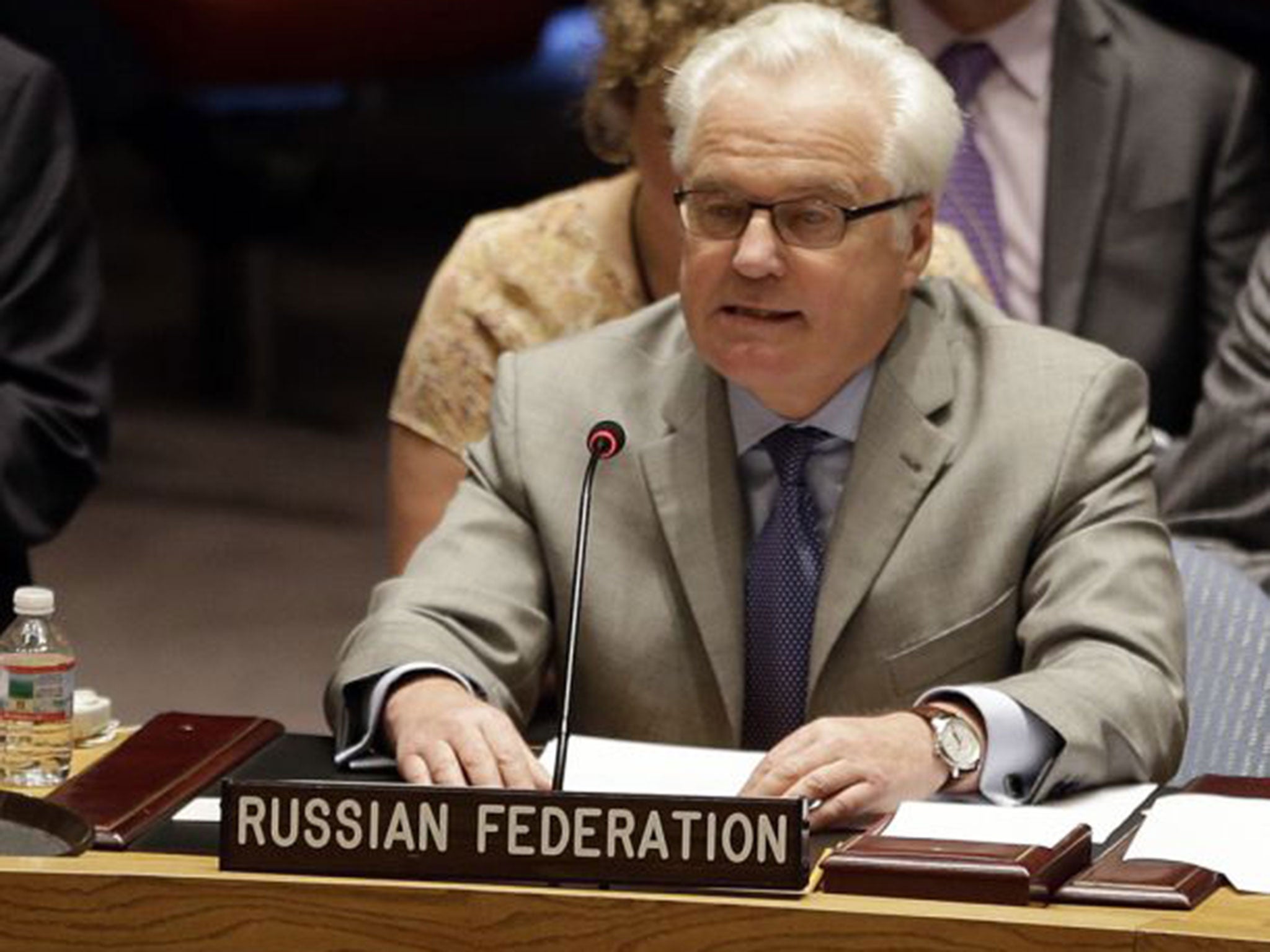 Russian U.N. Ambassador Vitaly Churkin speaking as the U.N. Security Council meets to discuss the humanitarian situation in Ukraine