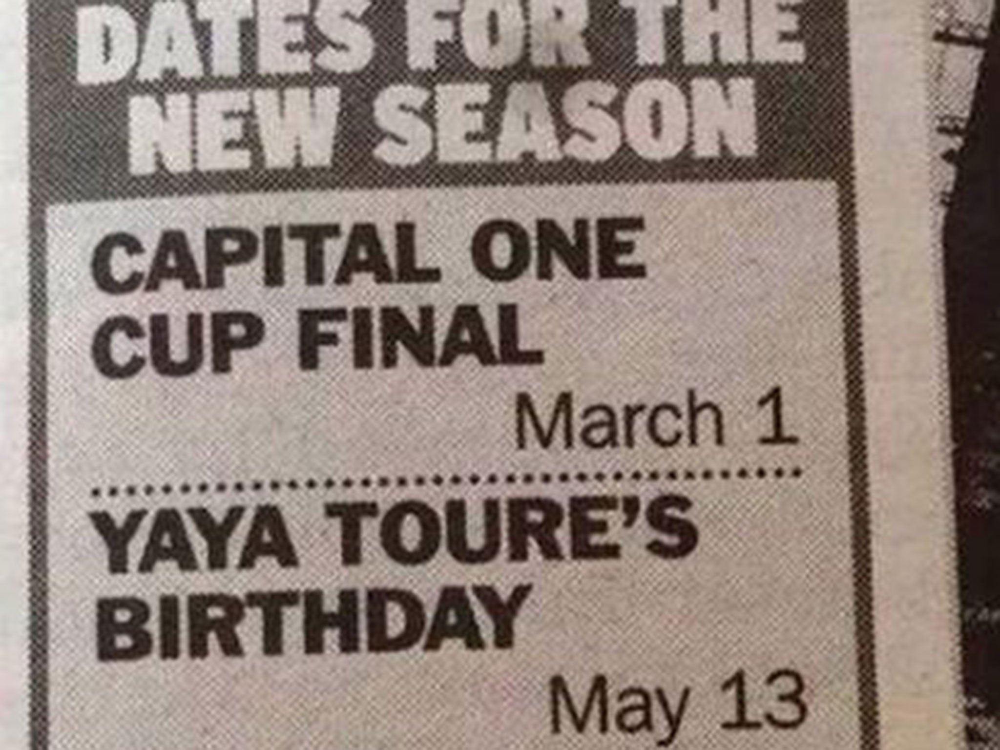The Manchester Evening News have added Yaya Toure's Birthday in their dates for the season