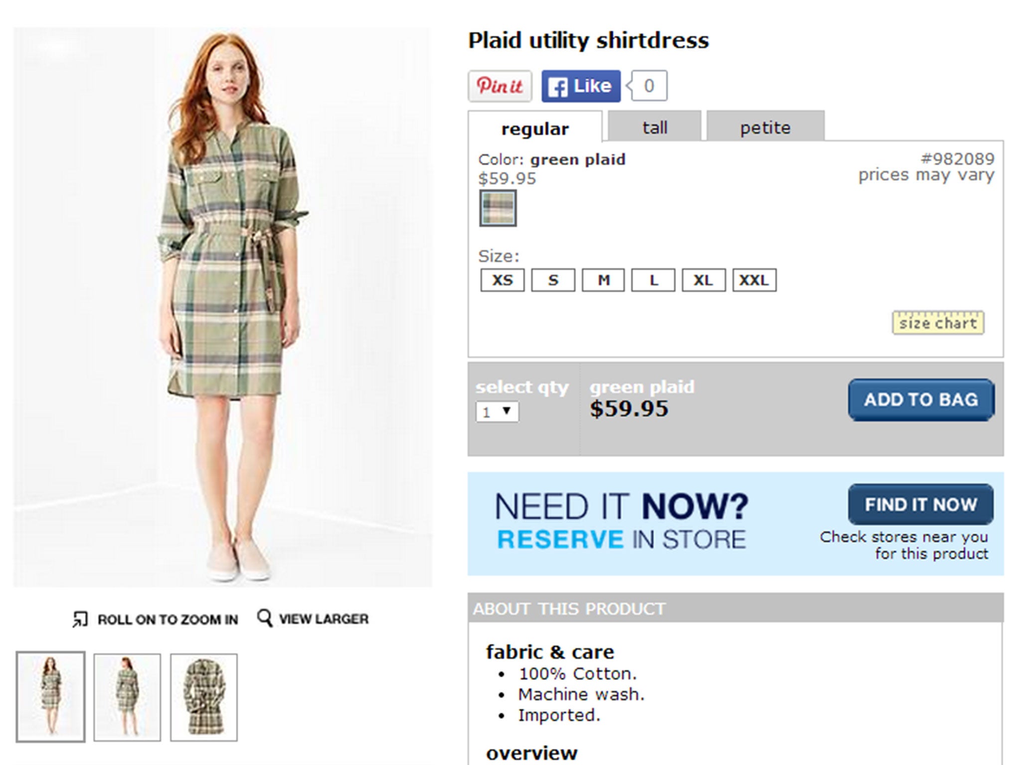 A "regular" size model wears the same plaid shirtdress on the retailer's website