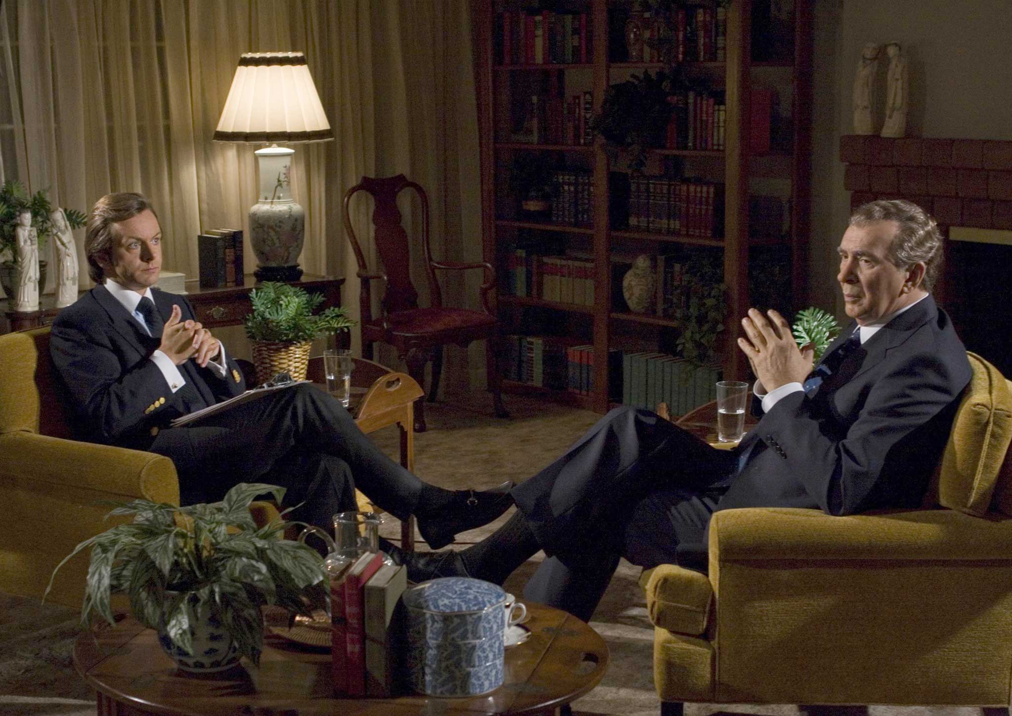 Tight-lipped: Michael Sheen as David Frost and Frank Langella as mRichard Nixon in the film version of Frost/Nixon