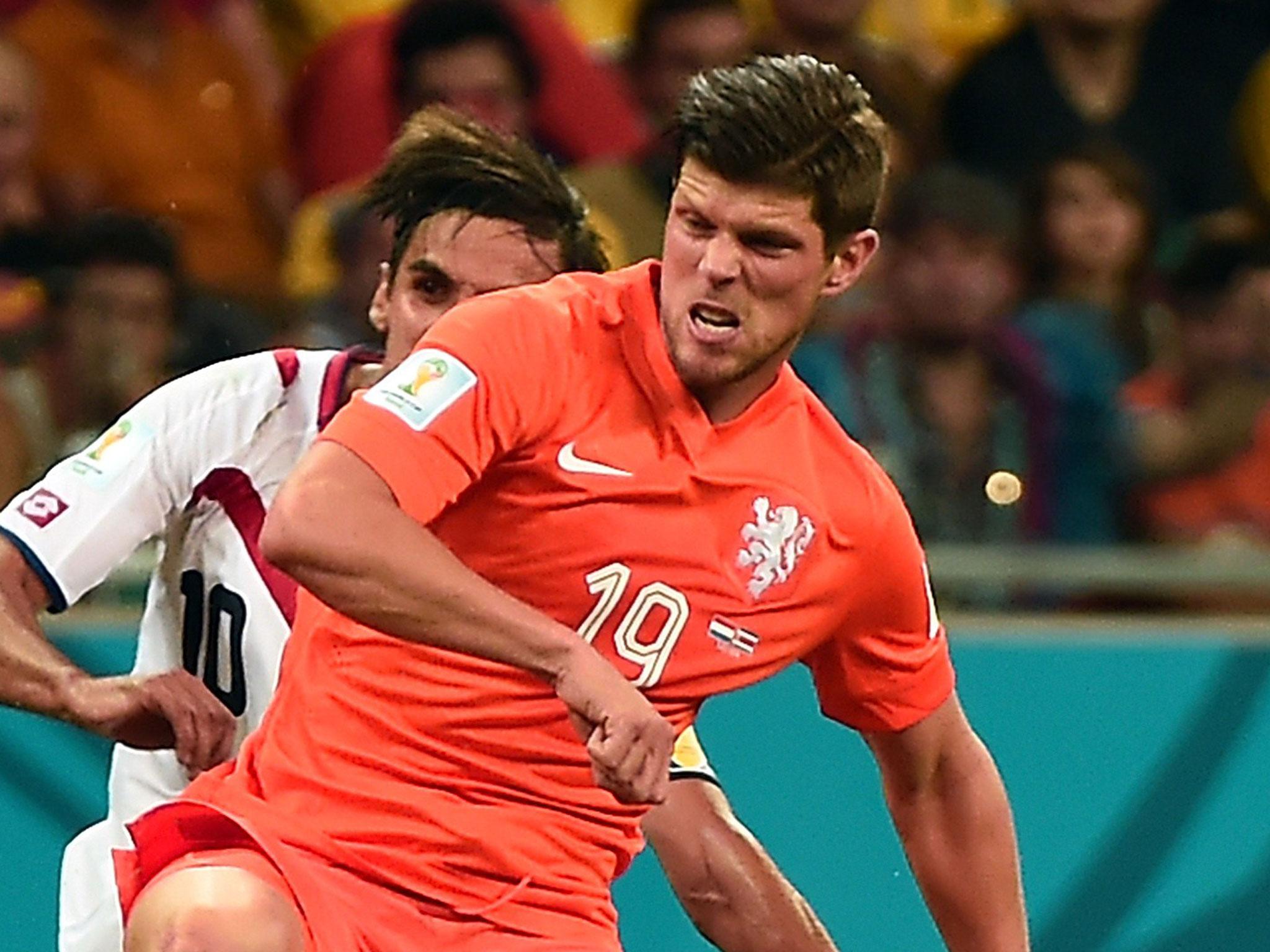 Klaas-Jan Huntelaar battles with Costa Rica's Bryan Ruiz during the World Cup in Brazil