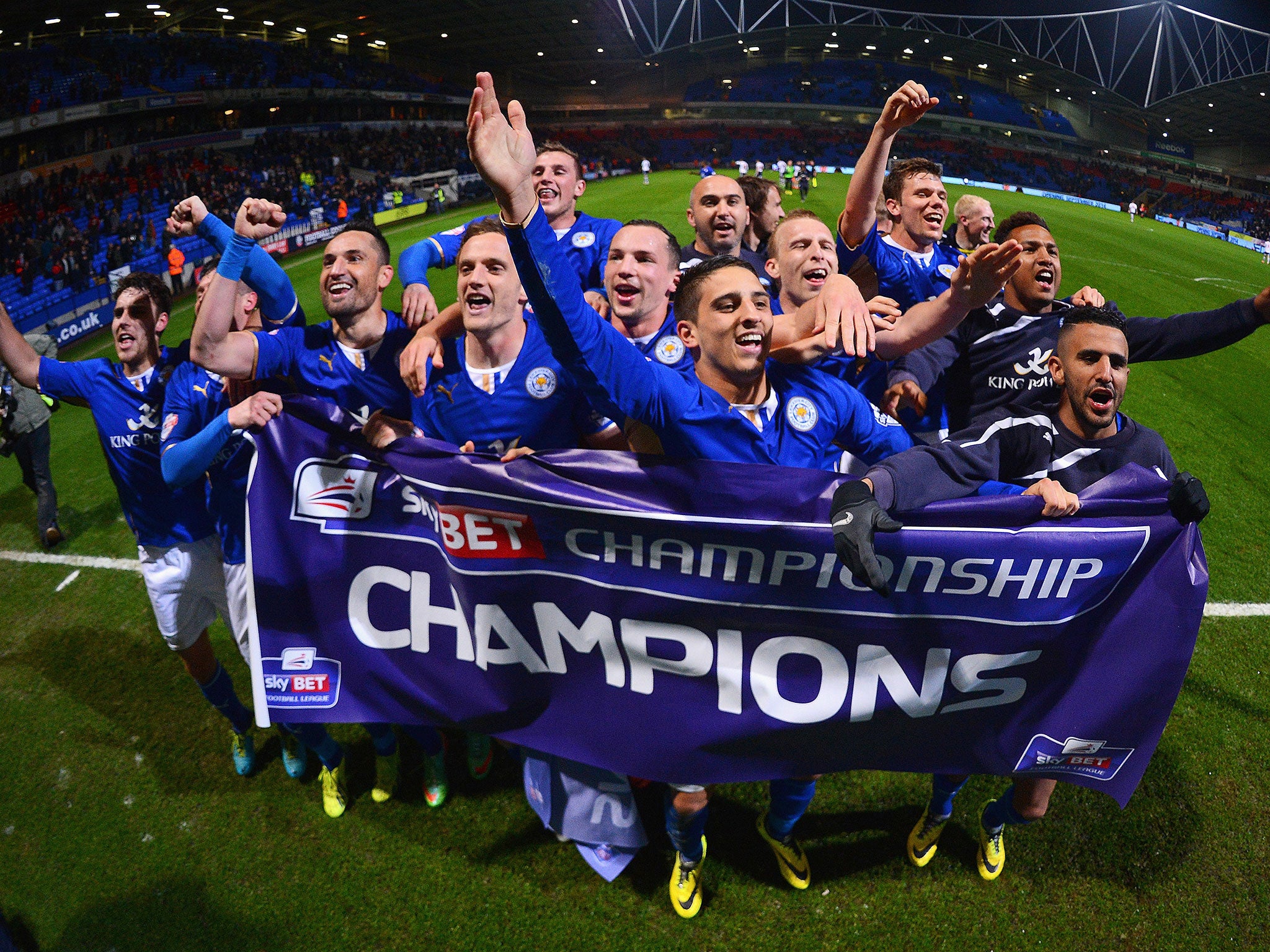 Leicester City players celebrate winning the Championship last season