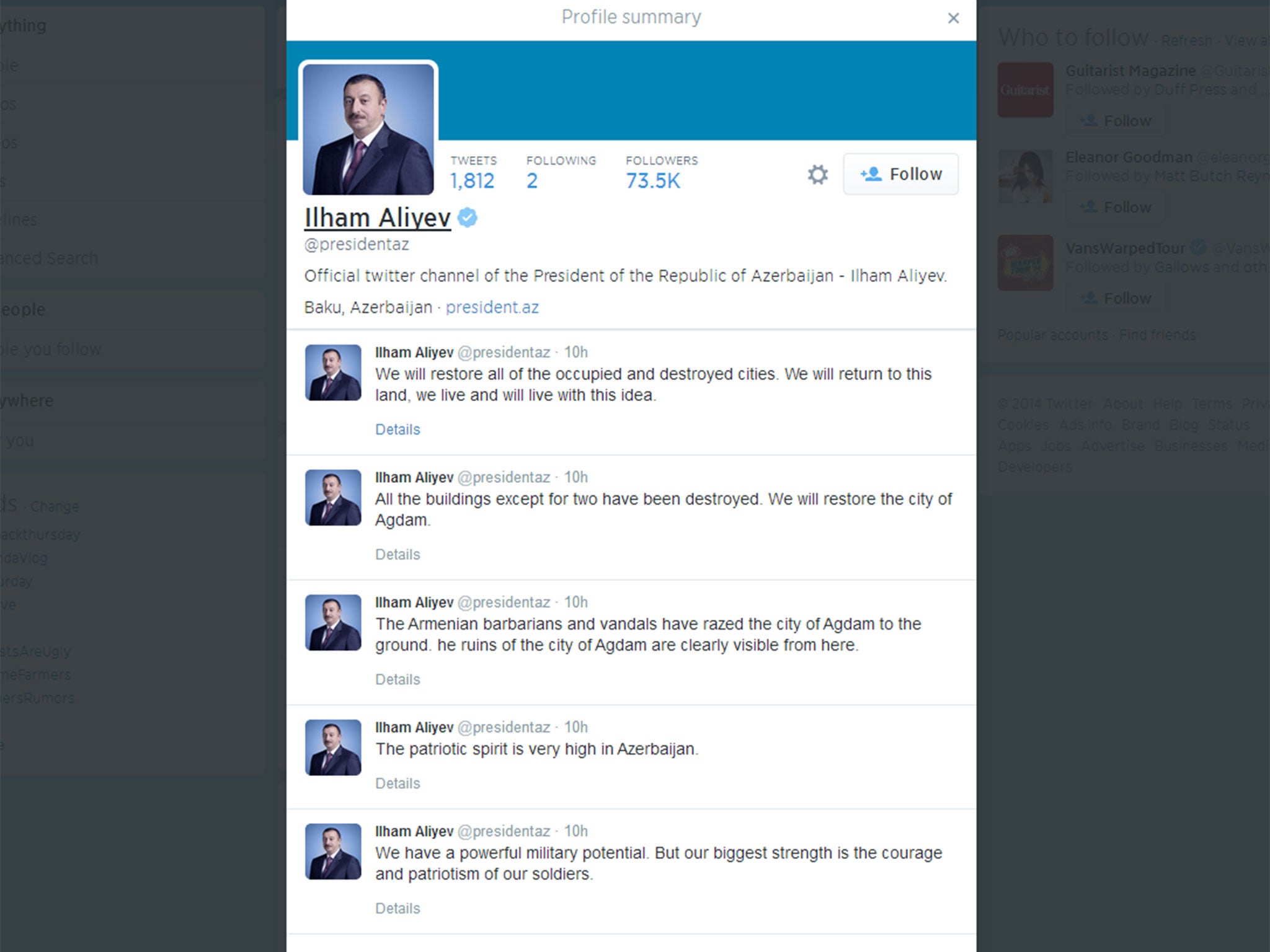Some of the tweets on President Ilham Aliyev's Twitter account