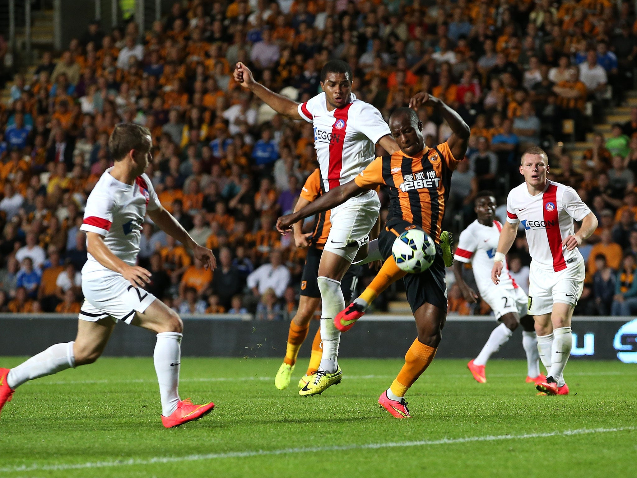 Sone Aluko fires home the winner for Hull City during their 2-1 victory over AS Trencin