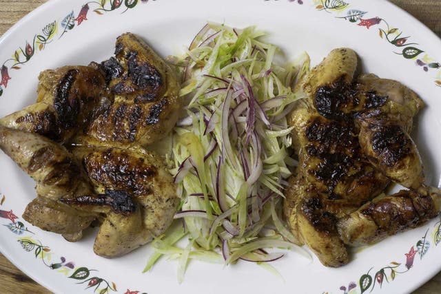 Spring chicken with lemon honey and cardamom, with red onion and fennel salad