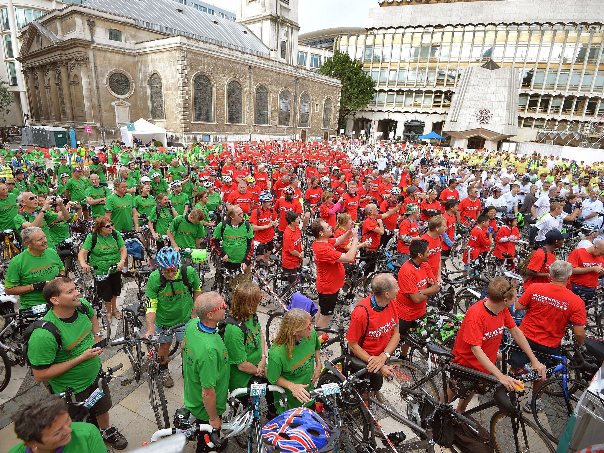 Some of the 639 cyclists bidding for a Guinness World Record for the largest bicycle bell ensemble, in front of the Guildhall in the City of London