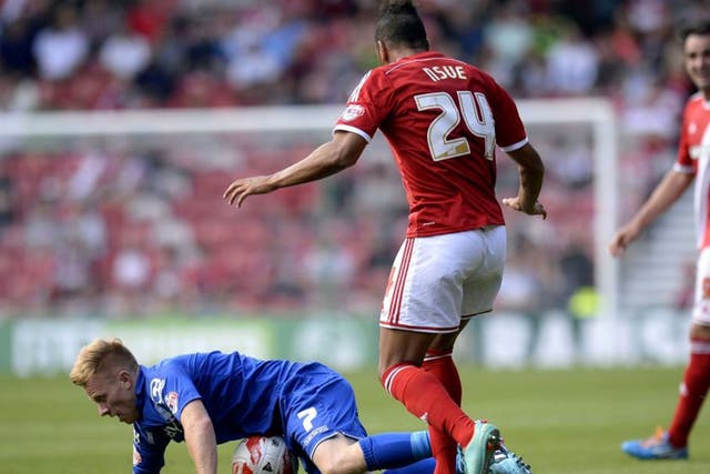 Birmingham's Mark Duffy is tripped by Middlesbrough's Emilio Nsue
