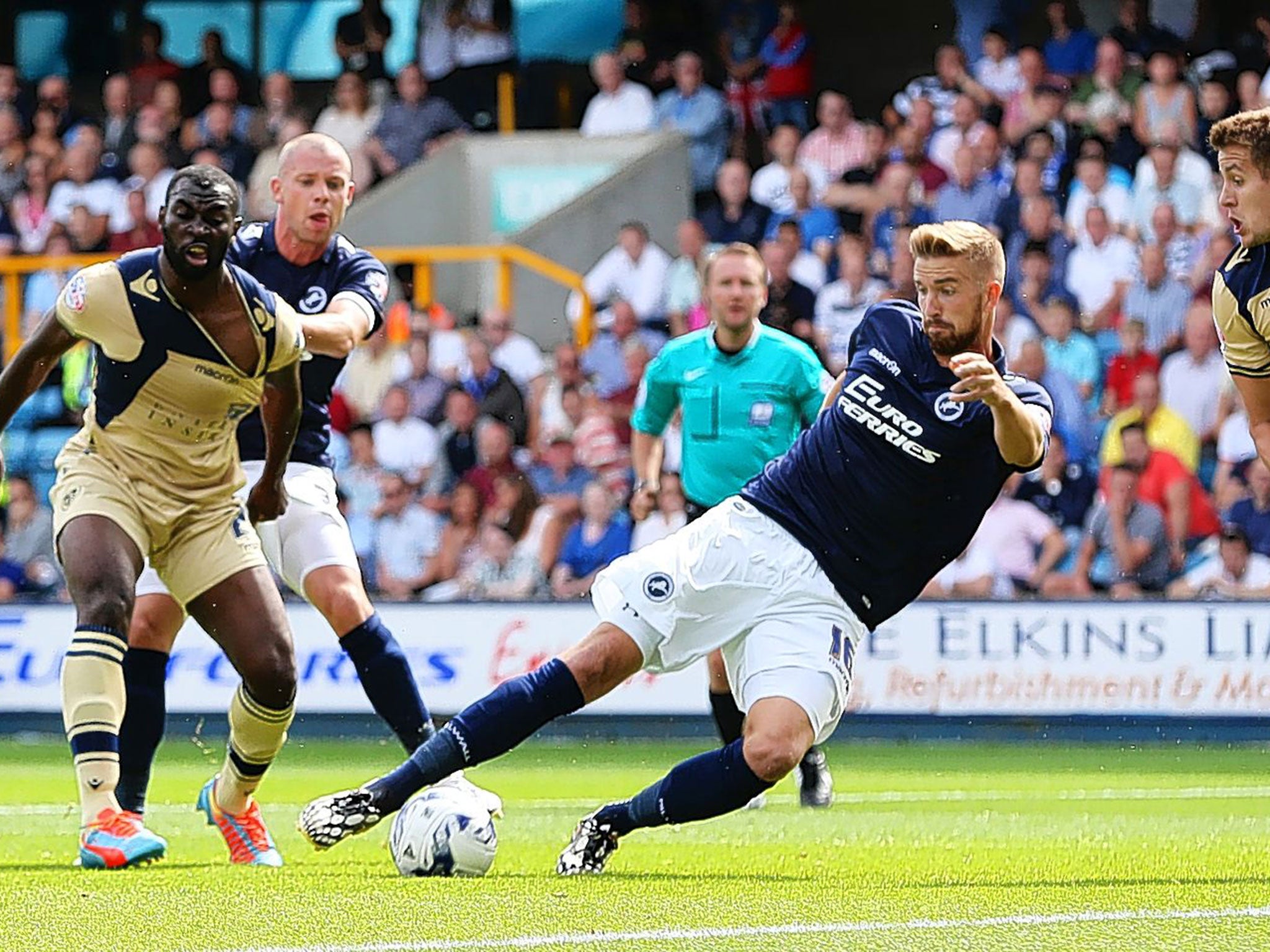 Early blow: Mark Beevers scores the first goal as Millwall defeat Leeds United
