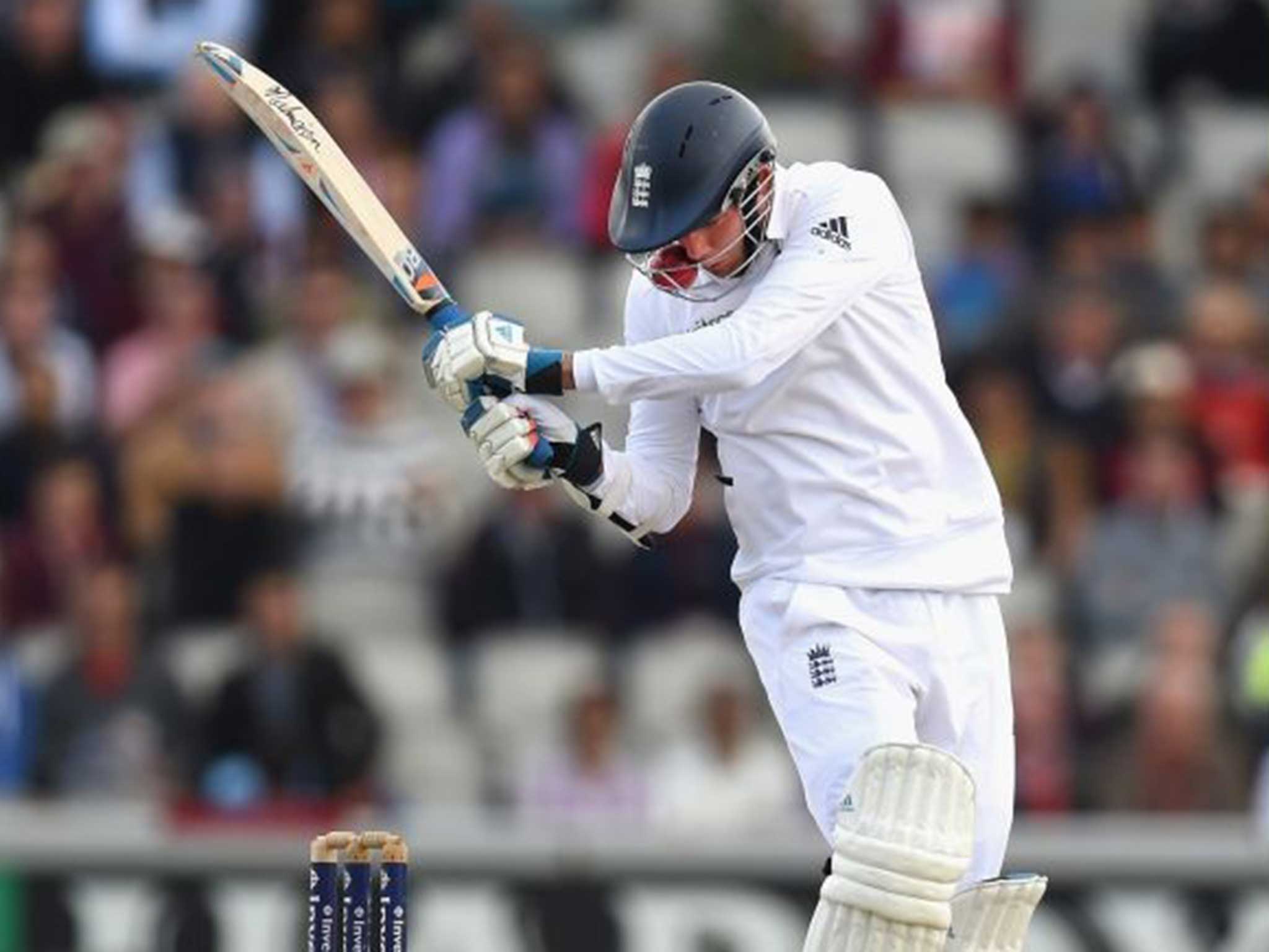 Sickening blow: Stuart Broad is struck by a ball from Varun Aaron