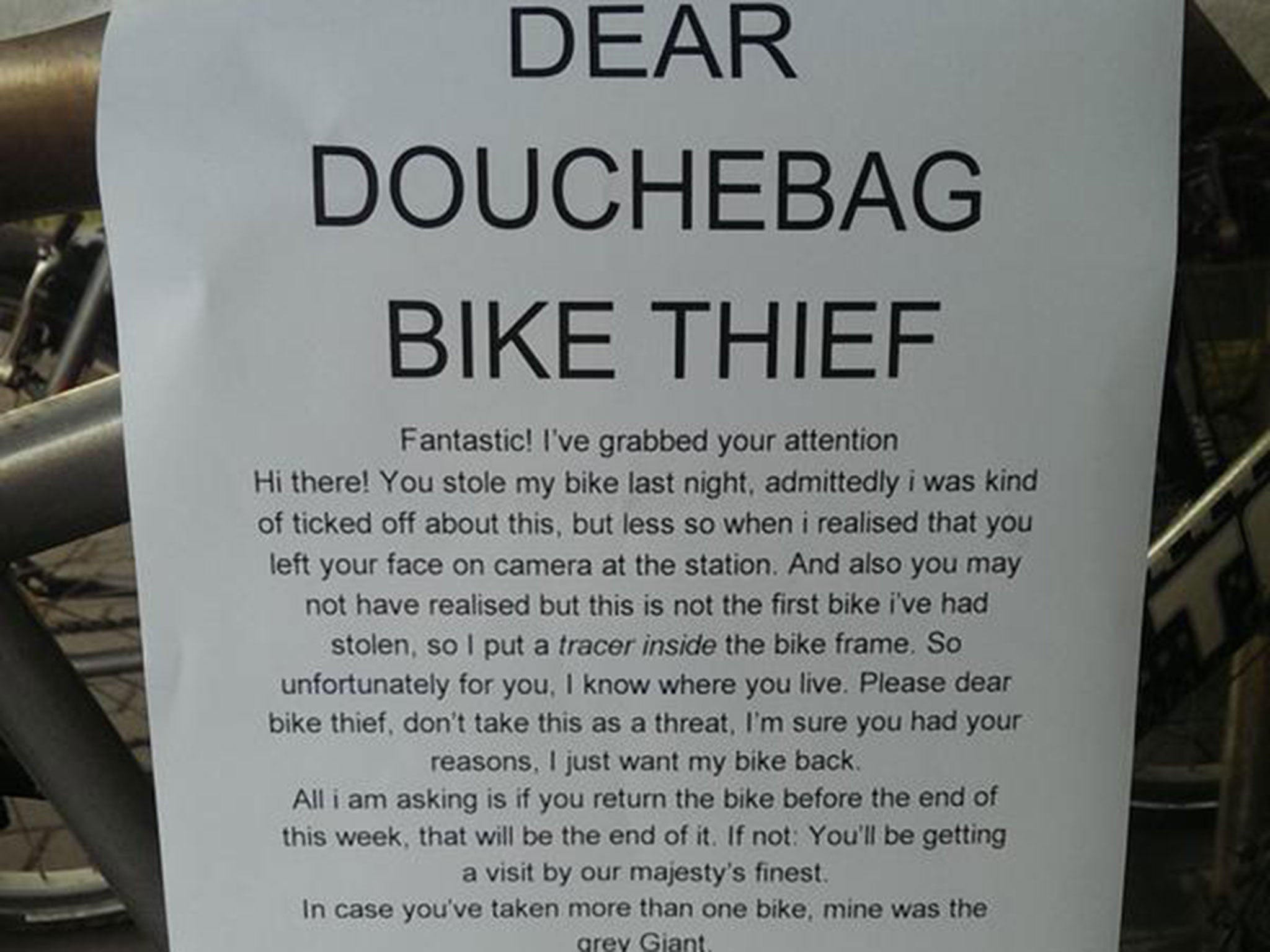 Bike thief victim gets own back on thief with hilarious letter that ...