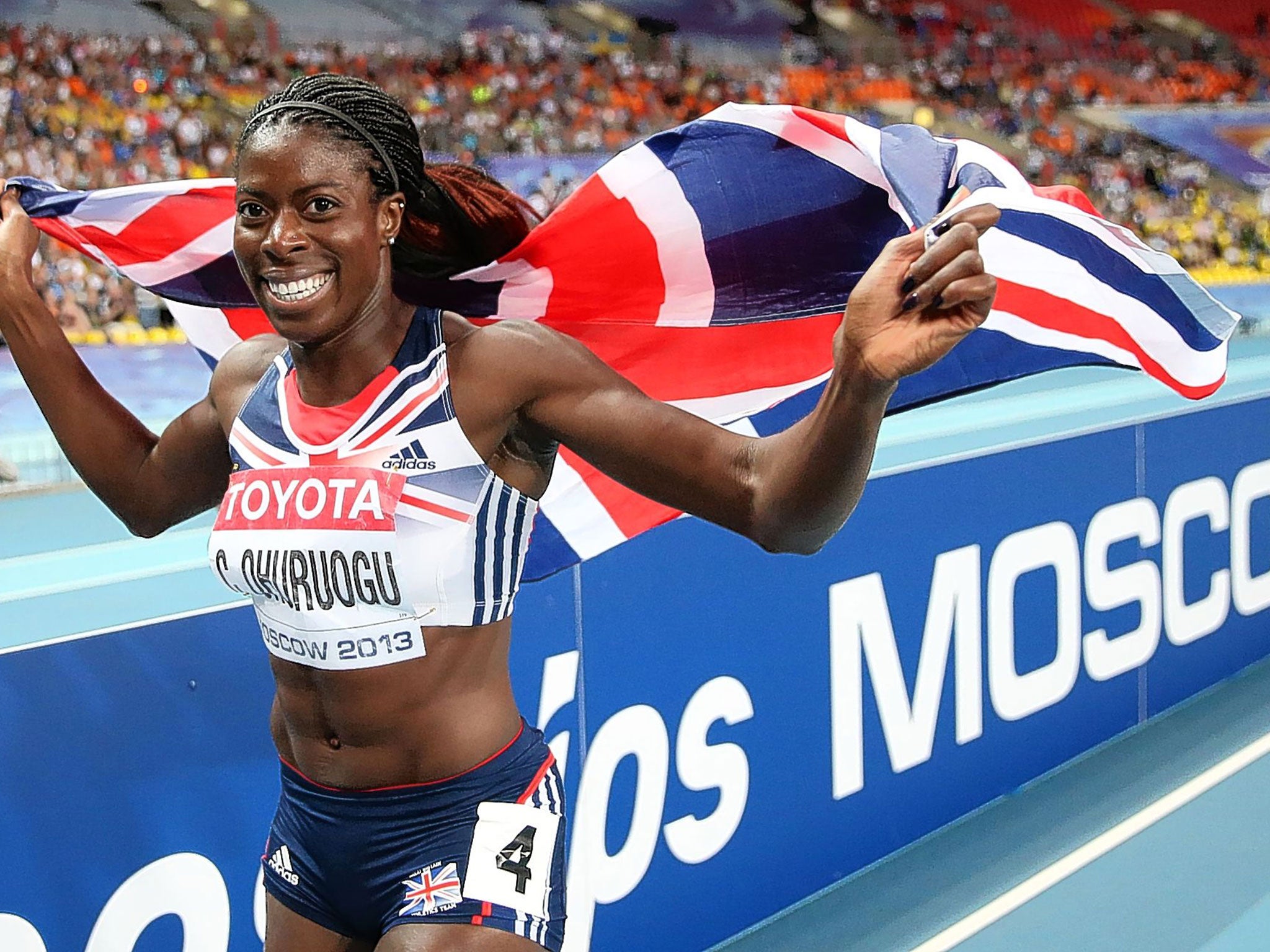 Christine Ohuruogu celebrates after winning the 400 metres final at last year’s World Championships in Moscow