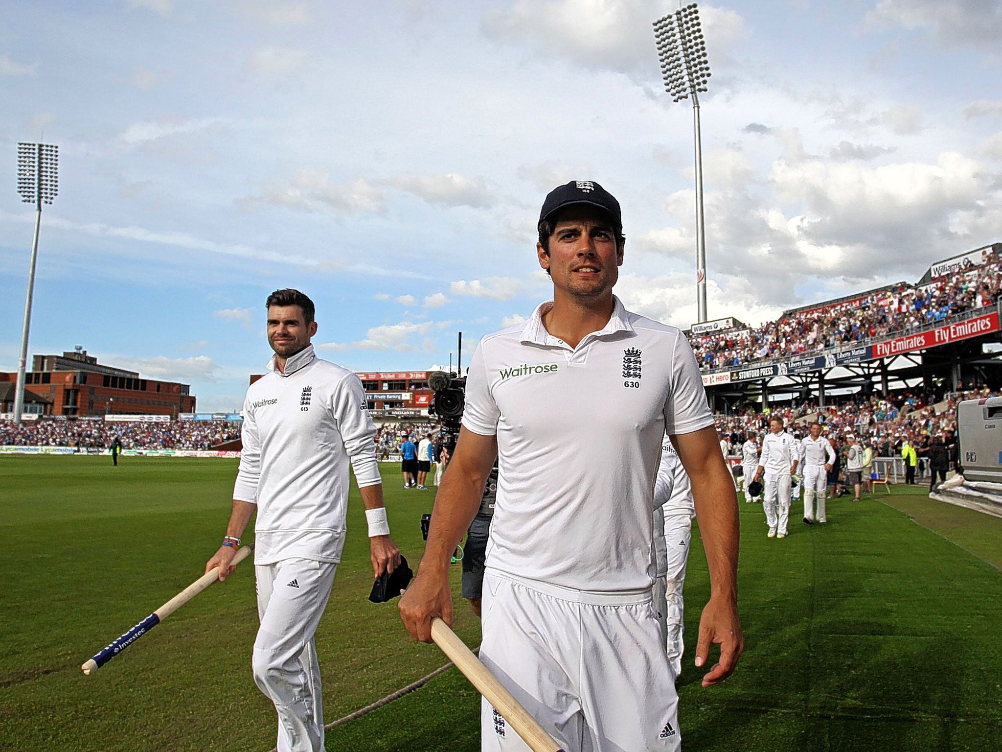 Alastair Cook takes the applause after Saturday’s remarkable win over India at Old Trafford