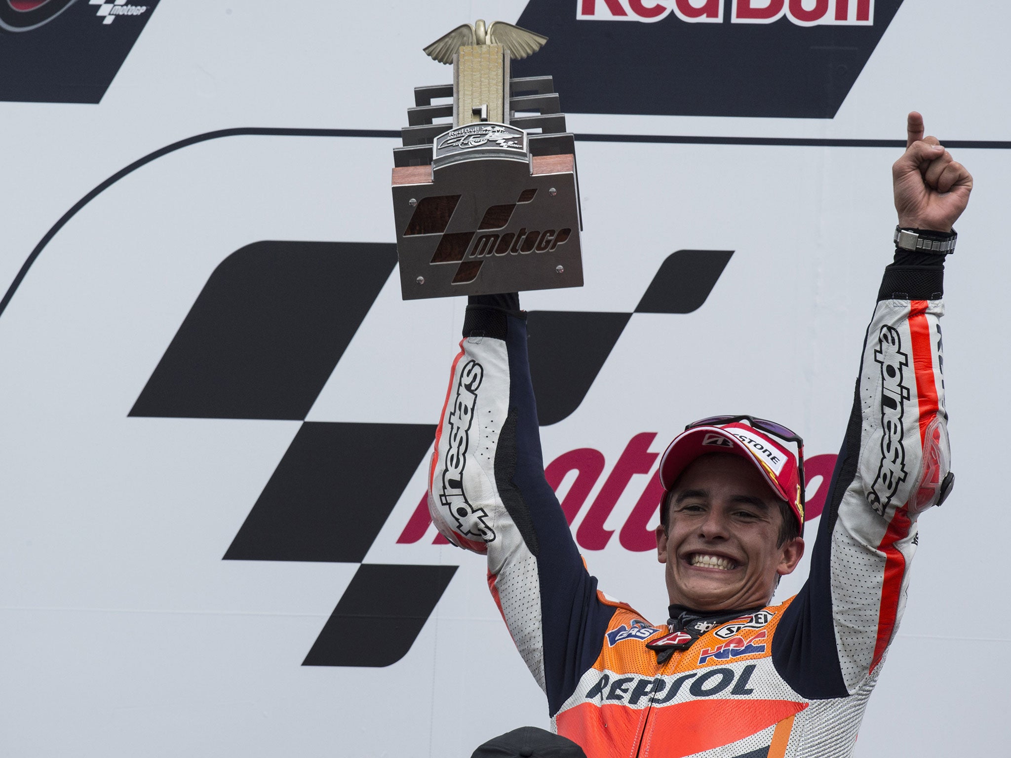 Marc Marquez celebrates winning the Indianapolis Grand Prix