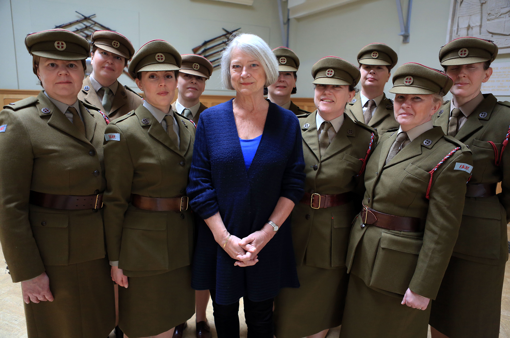 Kate Adie with members of FANY, First Aid Nursing Yeomanry, whose volunteers assisted the army during WWI