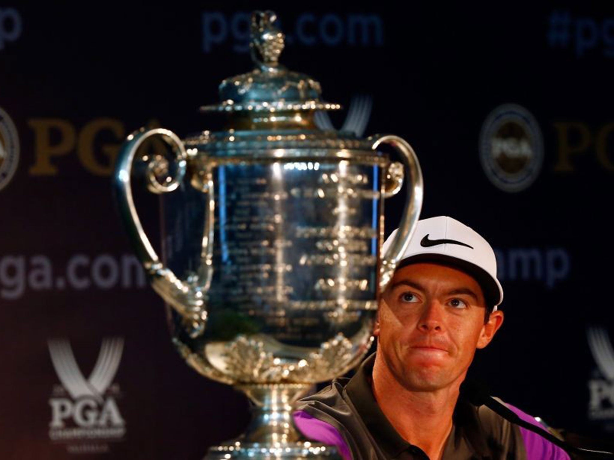 Rory McIlroy gazes at the Wanamaker Trophy after his one-stroke victory in the US PGA Championship late on Sunday night