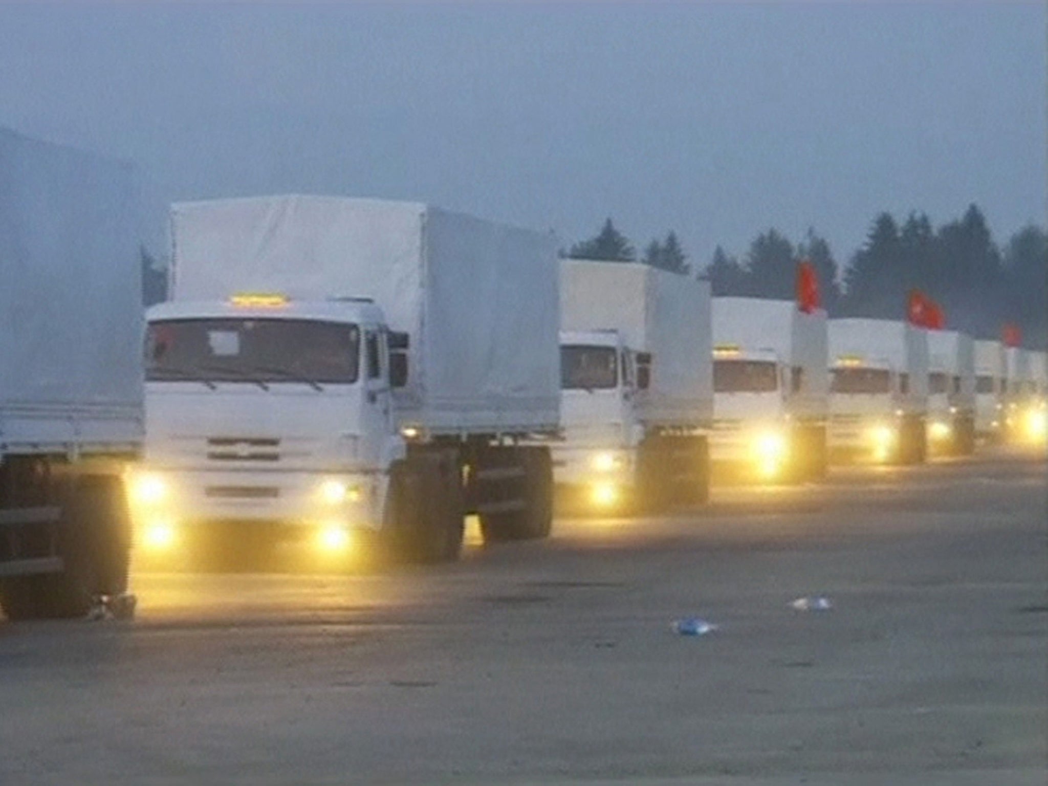 A Russian convoy of trucks carrying humanitarian aid for Ukraine sets off from near Moscow