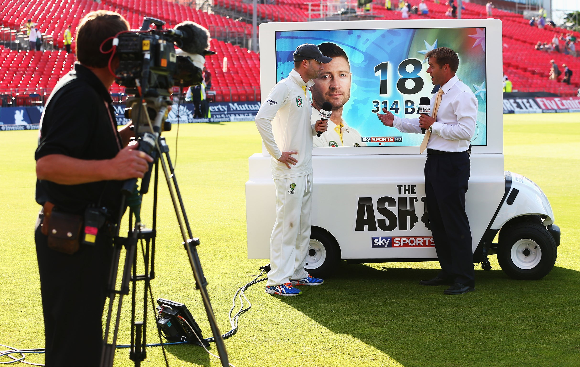 Ian Ward mans the innovative Sky cart while talking to Australia’s captain, Michael Clarke, during the Ashes series last summer