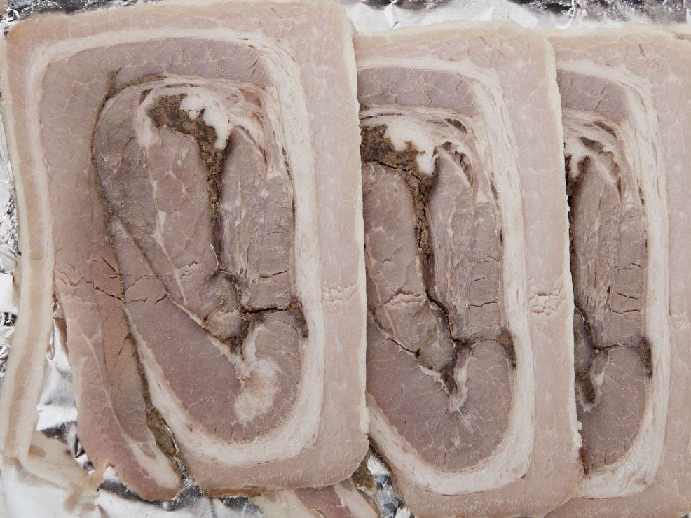 Danish sliced rolled meat speciality called Rullepoelse