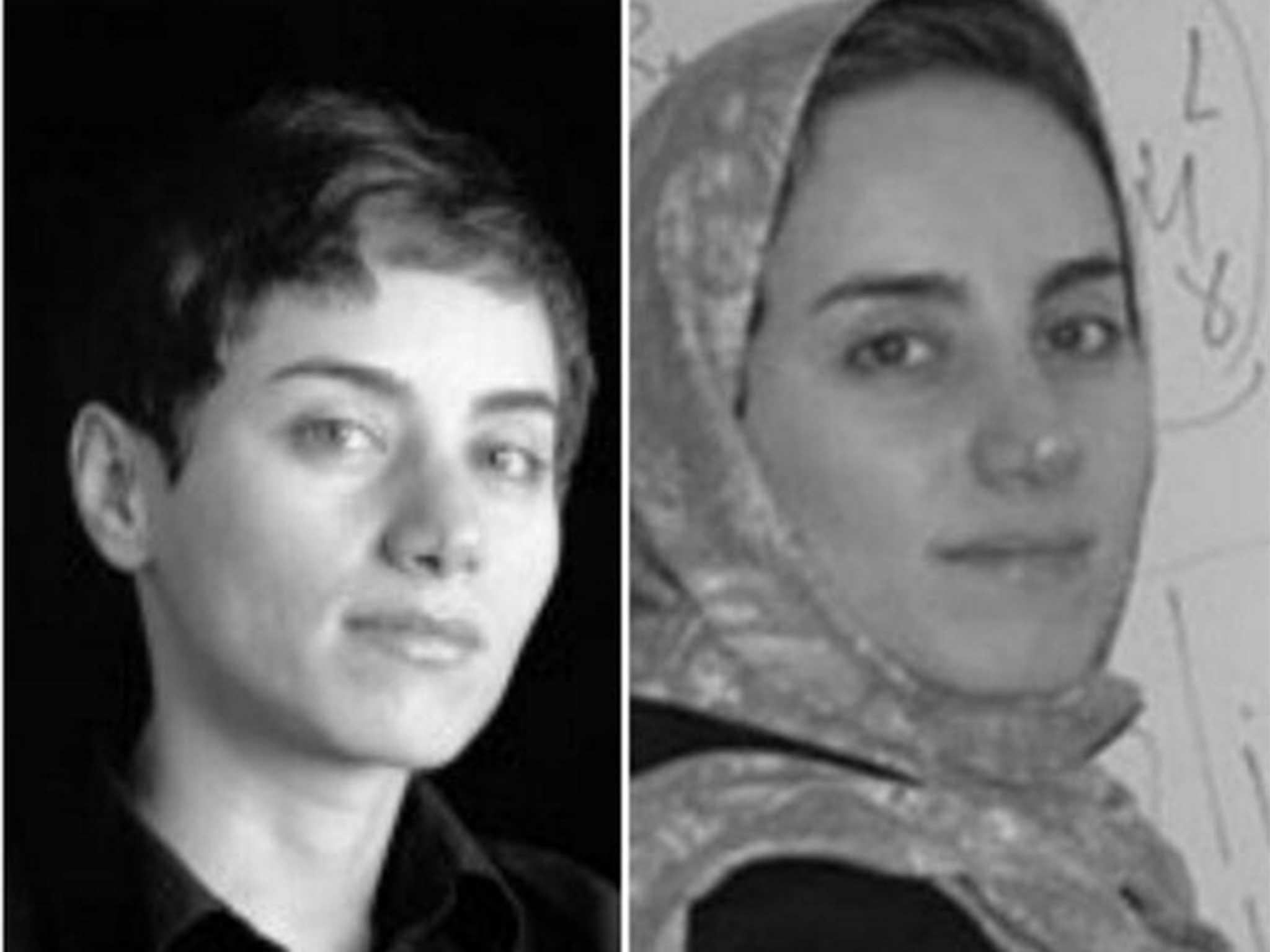 Twitter picture tweeted by Rouhani, showing Mirzakhani in a headscarf - and without