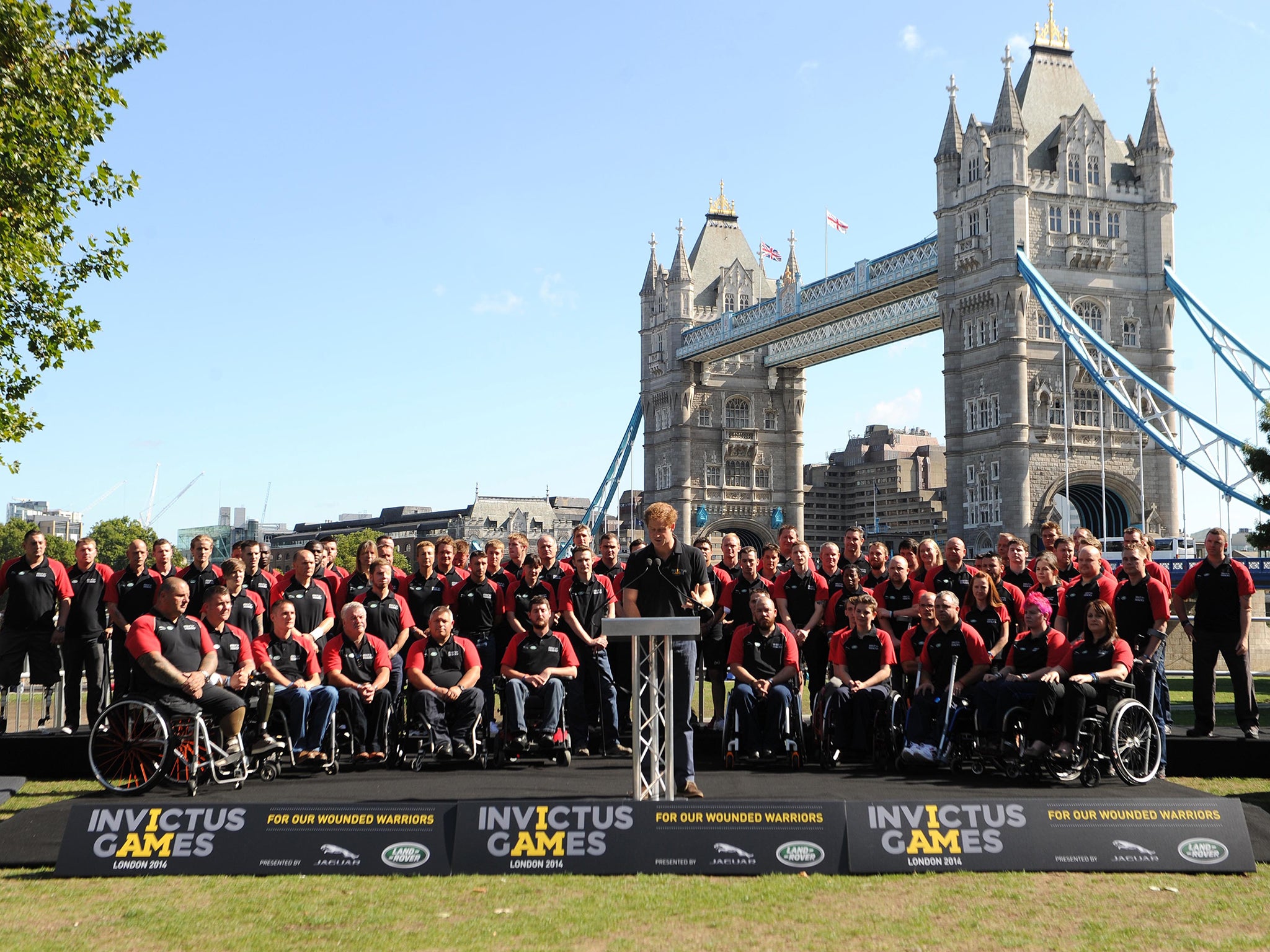 Prince Harry makes a speech as he unveils the British Armed Forces Team For The Invictus Games at Potters Field Park in London