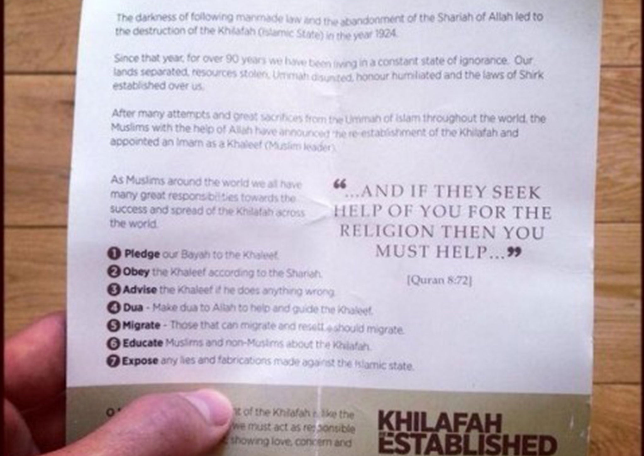 The back of the pro-Isis leaflet handed out on Oxford Street on Tuesday