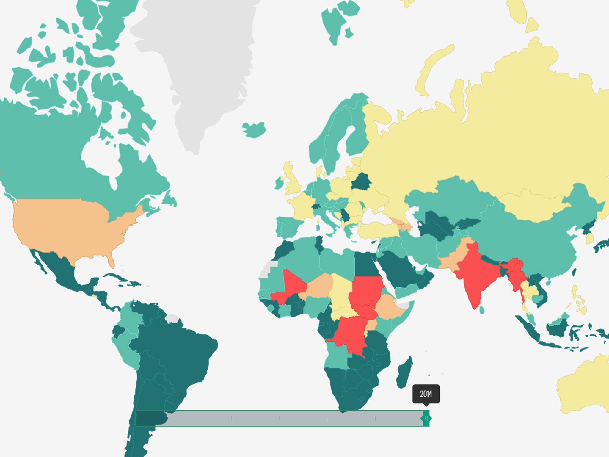The Global Peace Index's chart showing countries involved in external conflicts which have led to more than 25 deaths