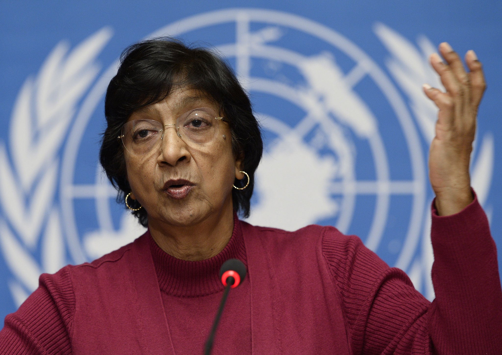UN High Commissioner for Human Rights Navi Pillay gives a press conference on December 2, 2013 at the United Nations offices in Geneva.