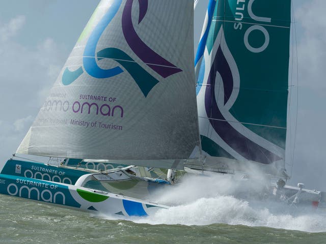 Musandam-Sail Oman roars through the finish line off Cowes to grab a record-breaking win in the Sevenstars Round Britain and Ireland Race