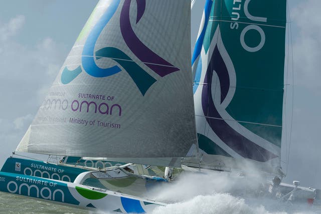 Musandam-Sail Oman roars through the finish line off Cowes to grab a record-breaking win in the Sevenstars Round Britain and Ireland Race