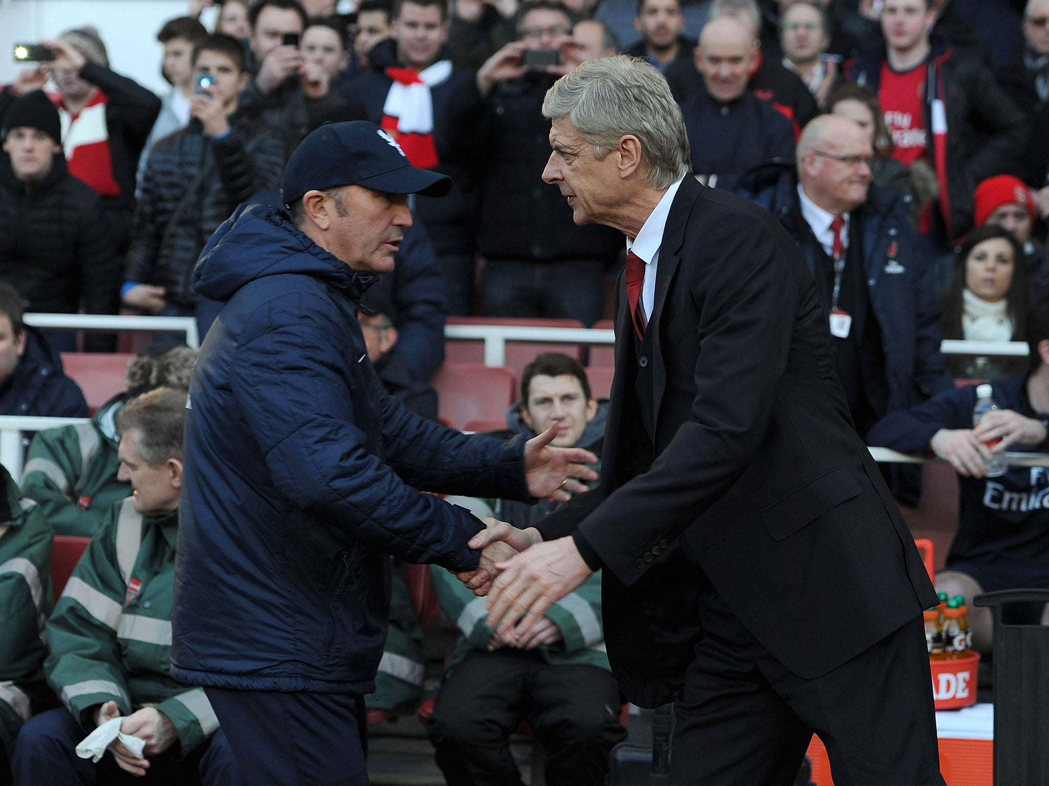 Tony Pulis and Arsene Wenger shake hands during the match between Crystal Palace and Arsenal earlier this year
