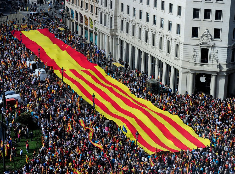 Anti-independence protesters hold a giant Catalan flag and Spanish flag during a demonstration in 2013