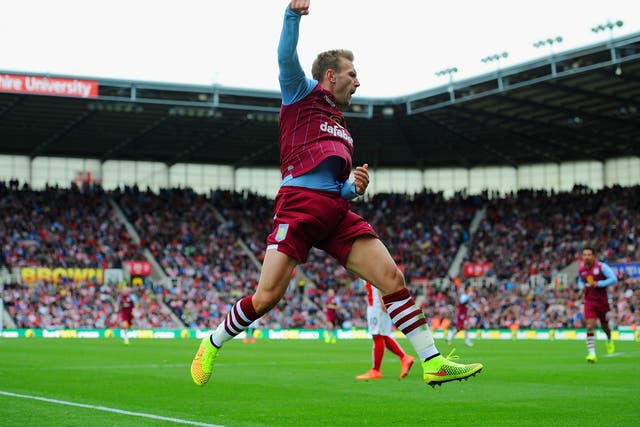 Andreas Weimann celebrates the goal that put Aston Villa into the lead at the Britannia, he fired home from a narrow angle