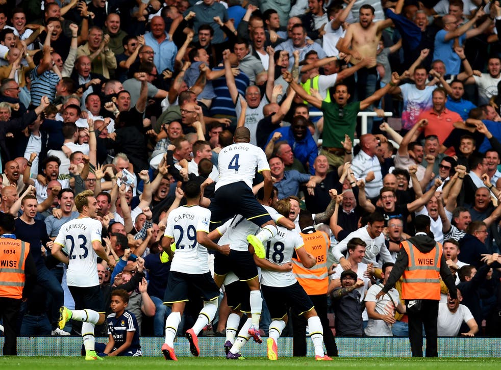 Tottenham players and fans celebrate Eric Dier's late winning goal on his debut to sink West Ham