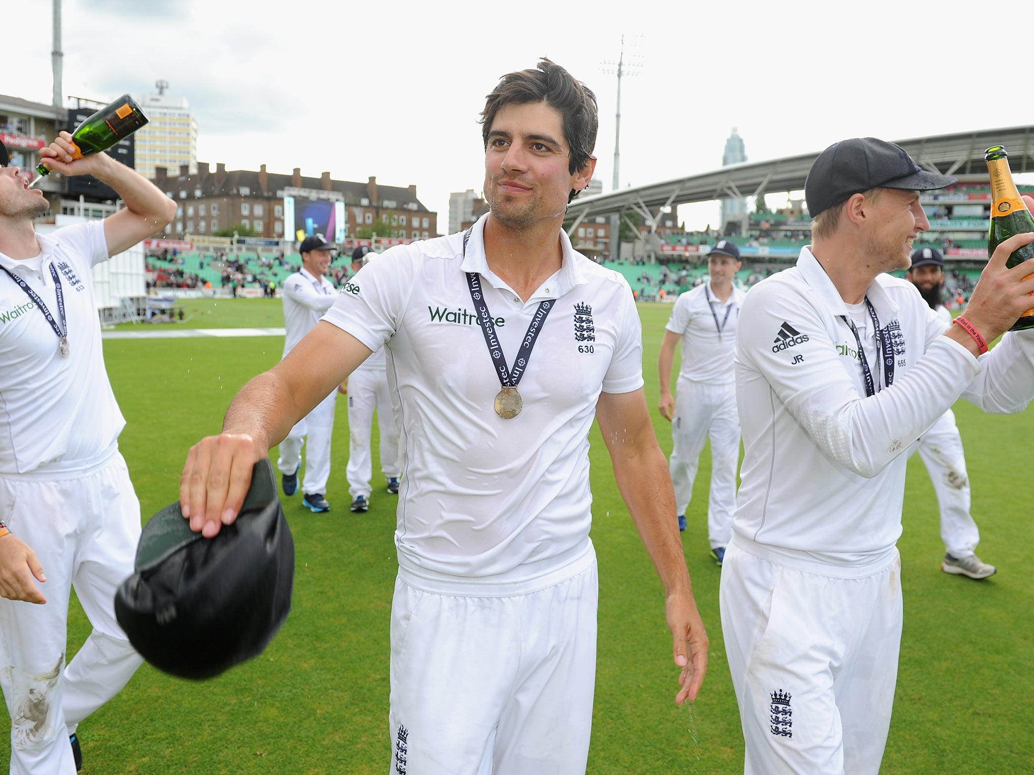 Alastair Cook celebrates the series victory over India
