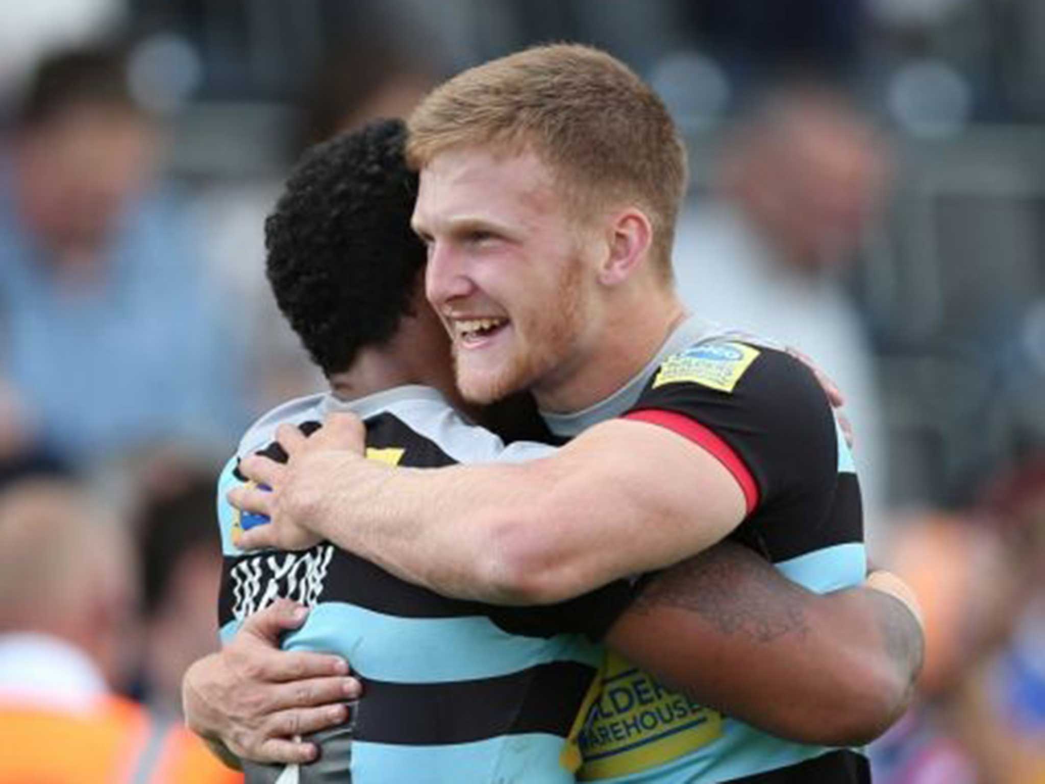 Joe Keyes (right) celebrates after his match-winning try for London Broncos